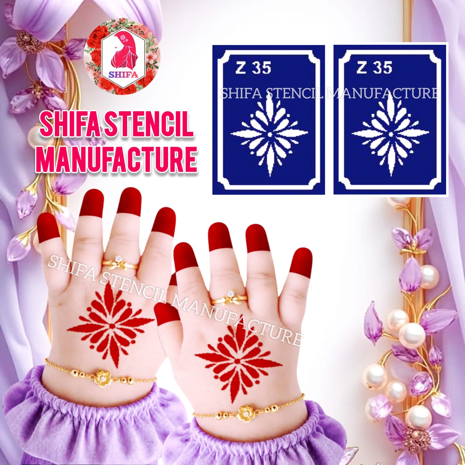 Z 35 Geometric Starburst Sticker overview Henna Stencil - Shifa Stencil